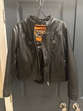 First classics Black Embossed Star & Crescent women’s Leather Jacket. Motorcycle